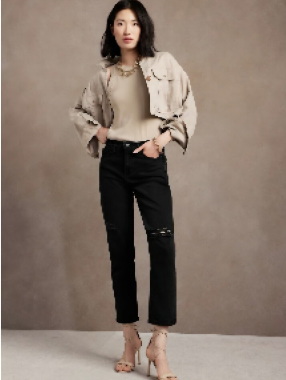 Banana Republic Black High Rise Straight-Leg Jeans with Knee Distress